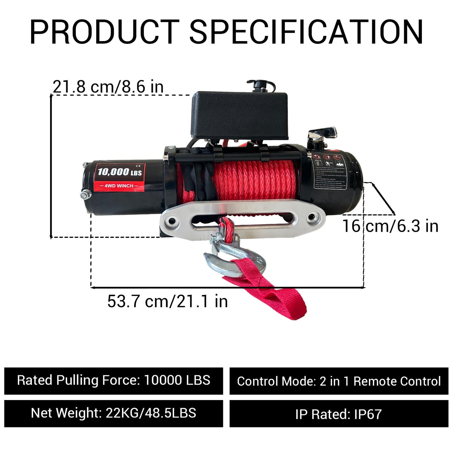 10,000LB Electric Vehicle Winch - 12V Electric Winch with Wireless Remote, 85Ft Synthetic Rope & IP67 Waterproof Design - Heavy Duty Off-Road Winch for Wrangler, UTV, ATV, Trucks