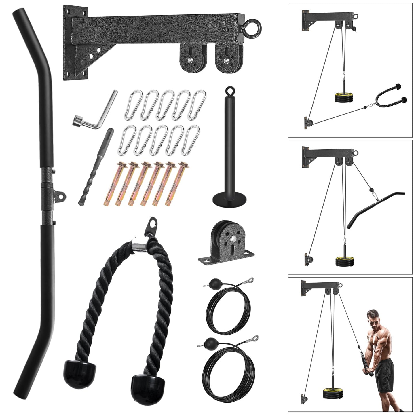 Wall Mounted Pulley System, Low Cable Machine Pulley System for LAT Pulldown, Biceps Curl Home Gym Equipment with Fitness Pull Down Bar, Tricep Rope