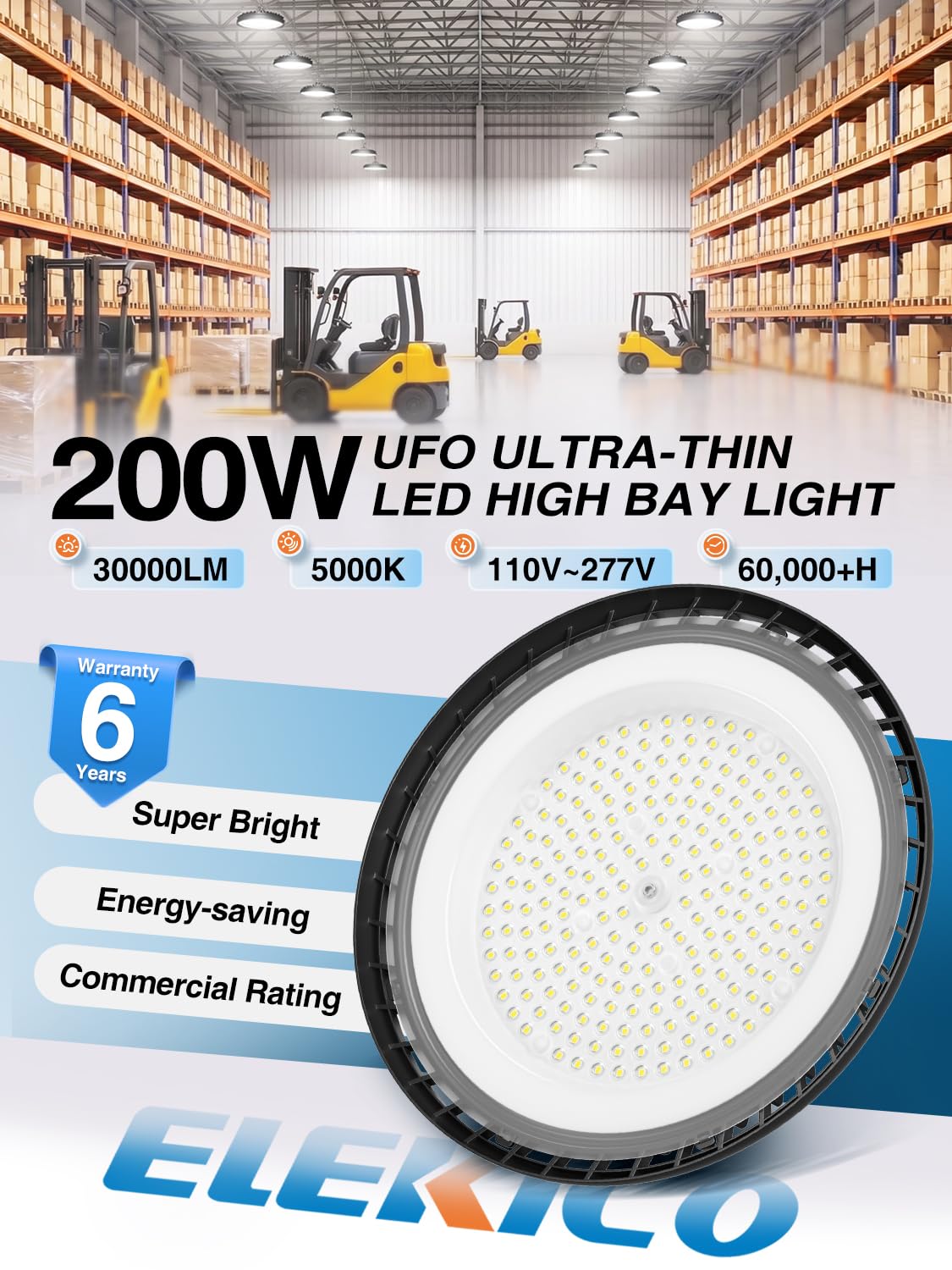 New Super Bright Ultra-Thin 200w High Bay Led Shop Lights| 30000LM 5000K UFO Led High Bay Light with 5ft Cable Hook Safe Rope| Shop&Garage Lighting Lights for Factory Workshop Warehouse Garage Barn