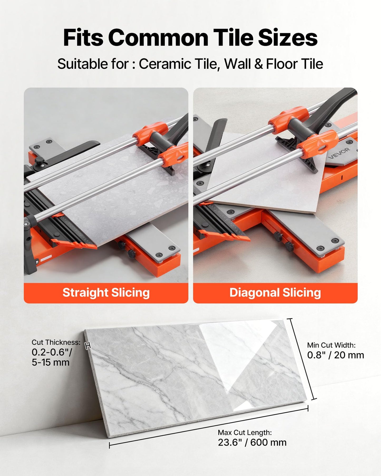 VEVOR 24-Inch Manual Tile Cutter, Upgraded Sliding Head Cutting Tool with Spring-Loaded Base, Angle Fence, Tungsten Carbide Cutting Wheel, Alignment Guide, for DIY Pros, Ceramic, Floor, Wall Tiles
