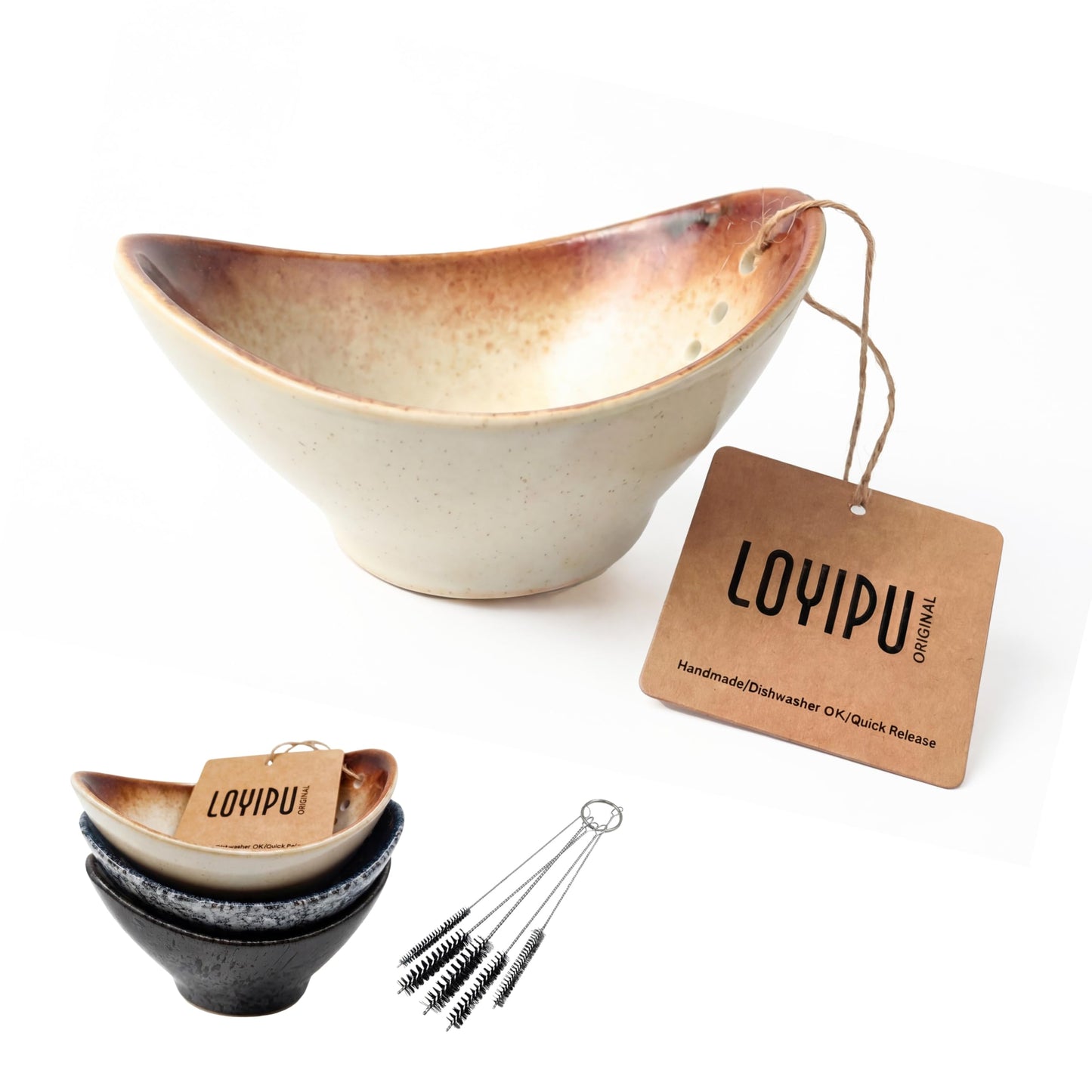 Loyipu Herb Stripper Bowl, Handmade Ceramic Leaf Remover Tool for Basil, Parsley & Cilantro, Multi-Sized Holes Stem Separator, Textured Glaze Kitchen Gadget