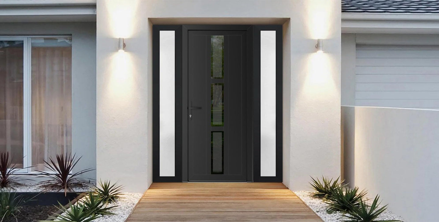 VDOMDOORS Front Exterior Prehung Metal-Plastic Door Frosted Glass | Manux 8112 Matte Black | 2 Side Sidelite Transoms | Residential Doors Entrance Patio Garage 64 x 80 (W14+36+14 x H80) Right-Inswing
