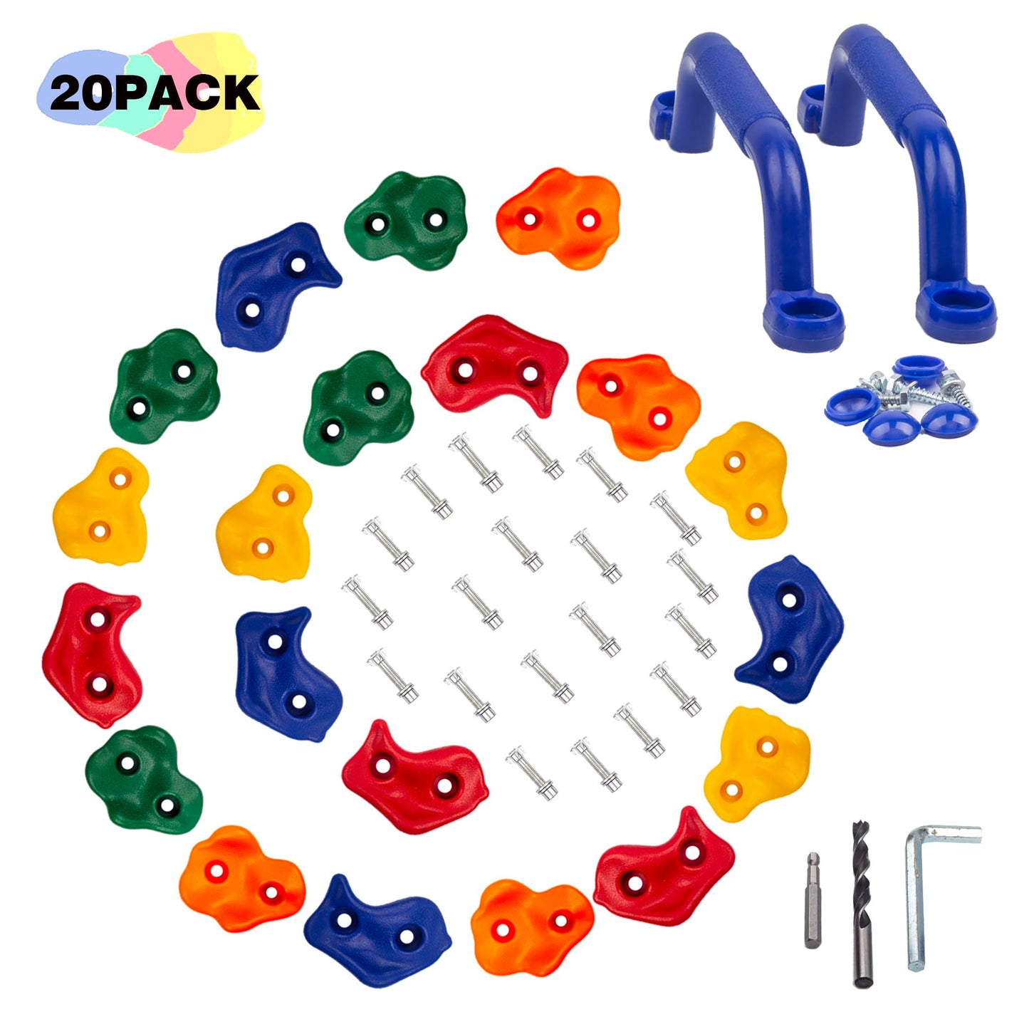 KINSPORY 20pc Rock Wall Climbing Holds Kids & Prise Escalade Enfant, Colourful Pig Nose Shape Climbing Set with Two Blue Handles for Indoor Outdoor Playground PlaySet Building