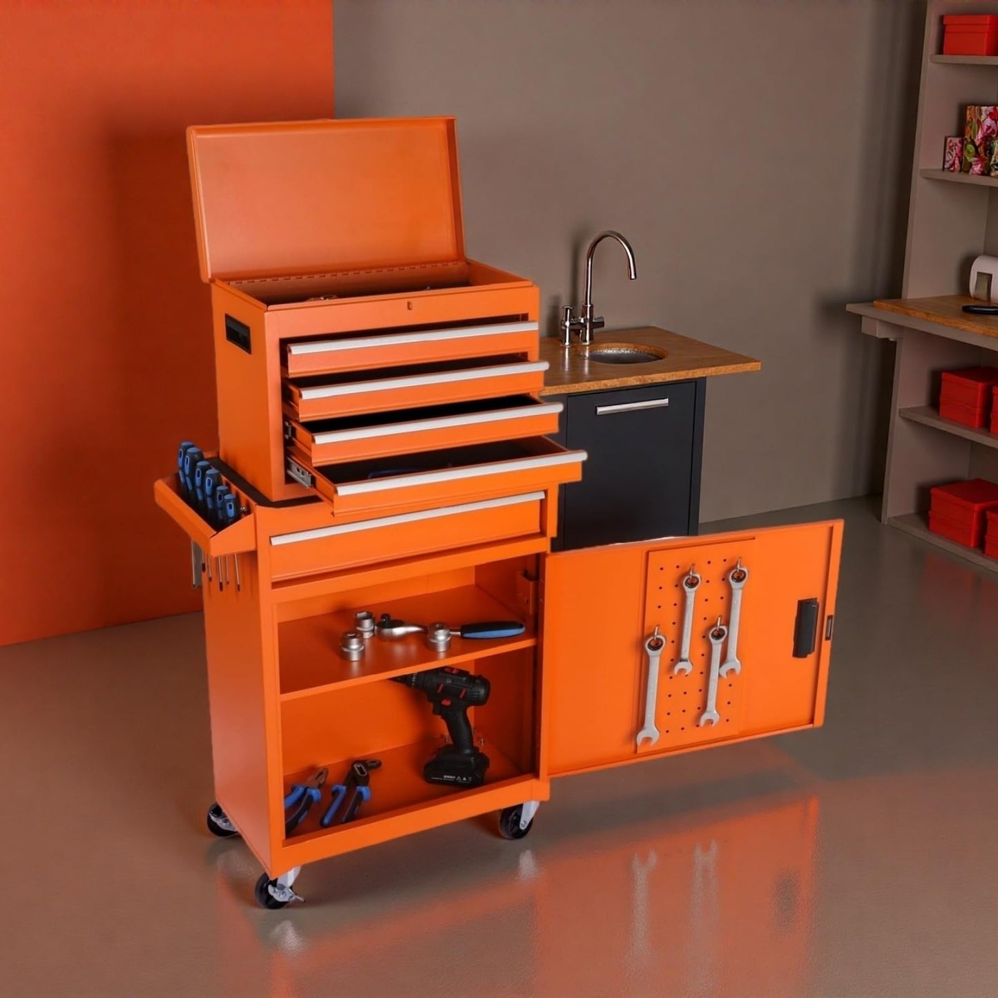 Trygoal Tool Chest, 5-Drawers Rolling Tool Storage Cabinet with Detachable Top, Adjustable Shelf, Lockable Wheels & Locking Mechanism, Multifunctional Tool Cart for Garage Warehouse, Orange