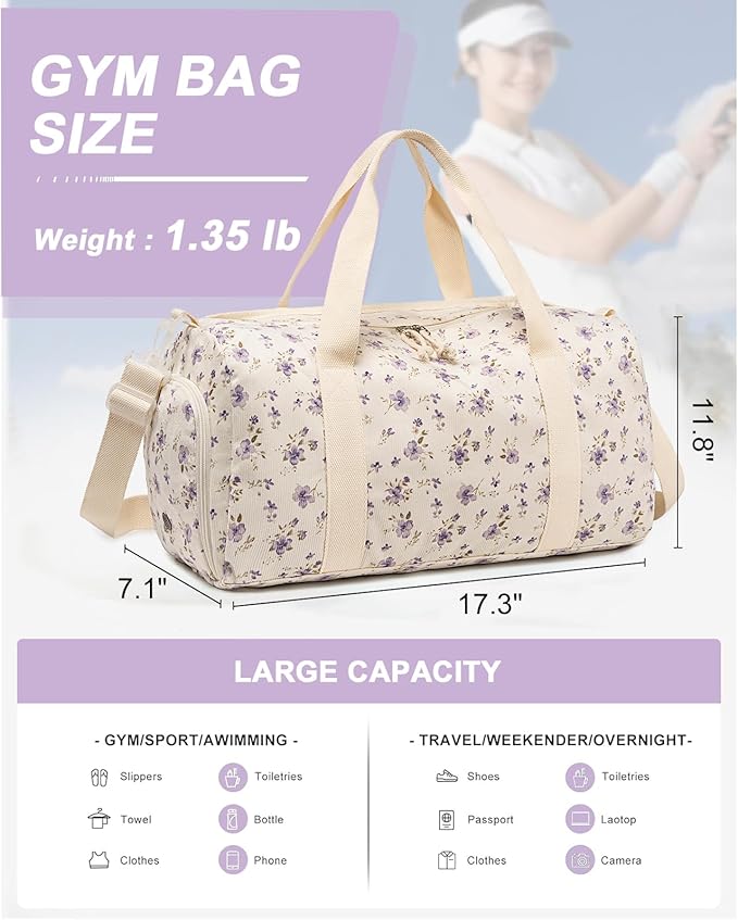 Duffle Bag for Gym Sports Women Girls Workout Travel Bag Weekender with Shoe Compartment and Wet Pocket