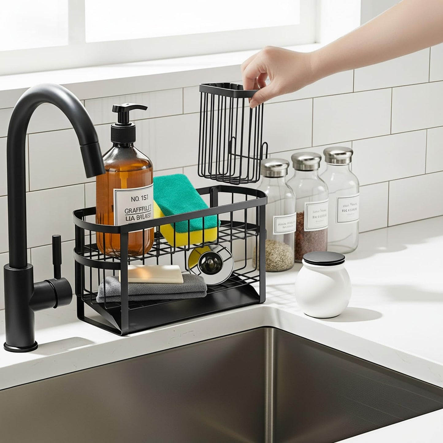 UEFFNR Kitchen Sink Organizer Caddy, 2 Tier Sink Caddy Organizer with High Brush Holder, Rust-Proof Countertop Rack (Black 10.6 * 4.3 * 5.7") for Kitchen Accessories & Dish Brushes
