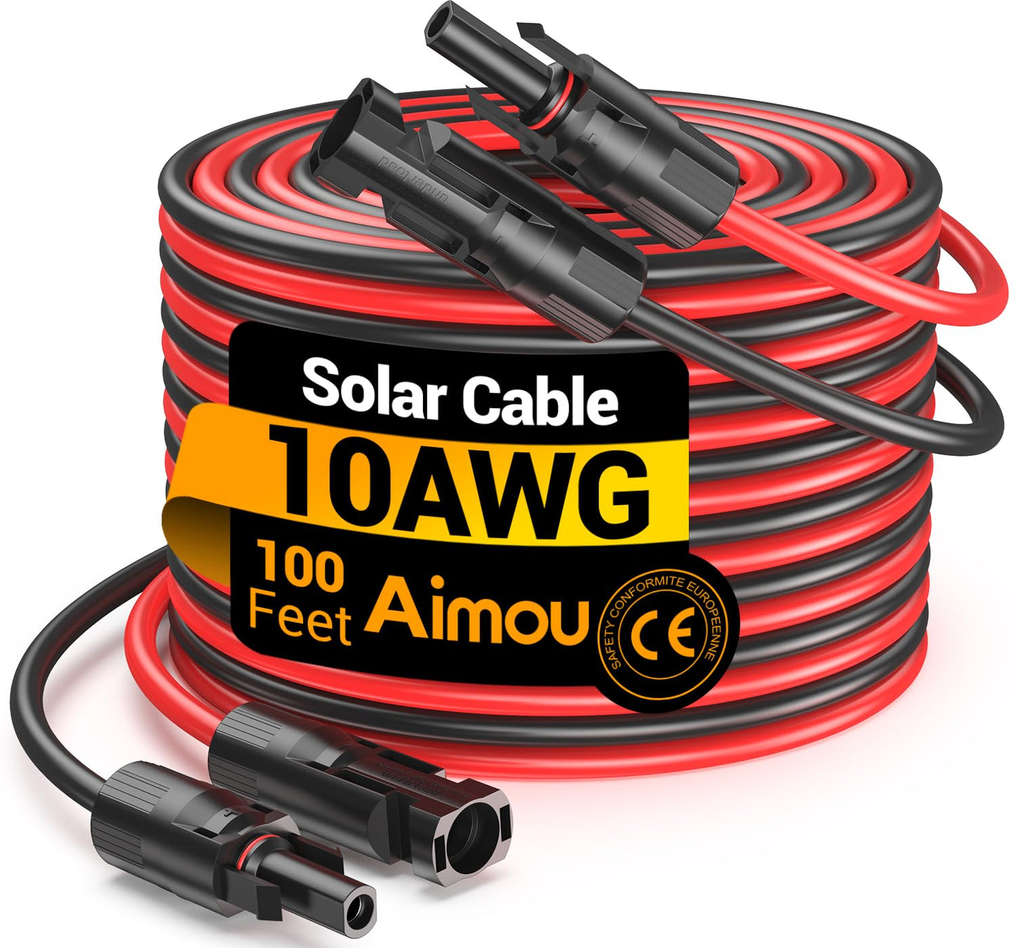 Aimou 100FT 10AWG Solar Extension Cable, 10 Gauge Solar Panel Wire with Waterpproof Female and Male Connectors for Outdoor RV, Off-Grid Photovoltaic Systems(Black+Red)