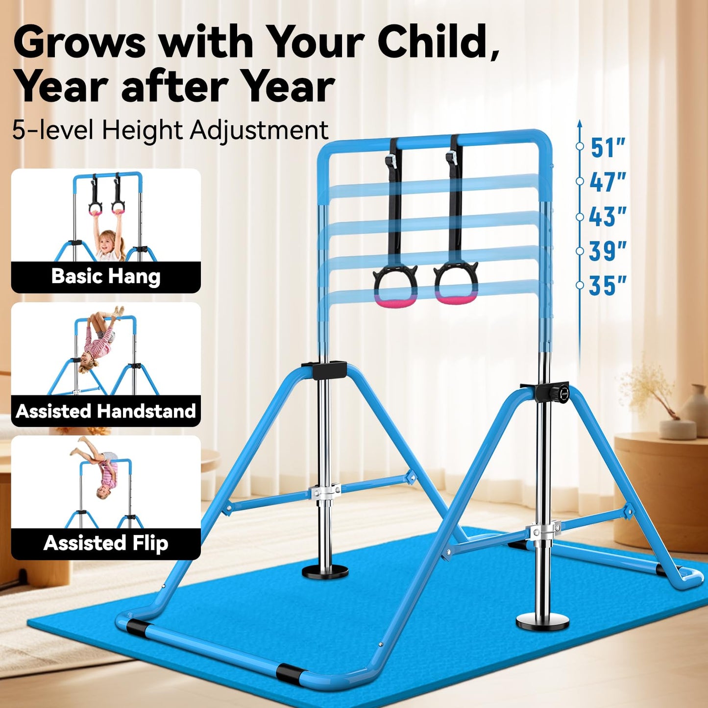 WATBKHE Gymnastics Bar for Kids Adjustable & Foldable Training Kip Bar with Rings, Sturdy Horizontal Bar for Boys & Girls, Expandable Gymnastics Equipment for Home Practice Blue