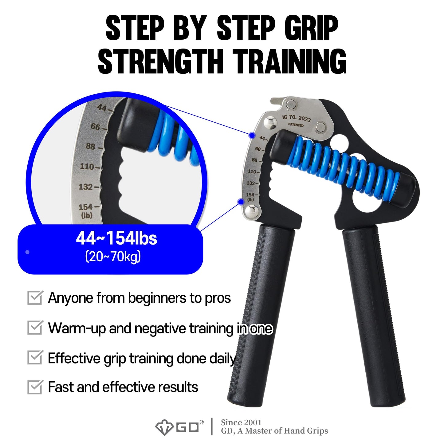GD IRON GRIP 70(P) Adjustable Hand Grip Strengthener, 44~154lbs Grip Strength Trainer Premium Forearm Strengthener Hand Gripper for Grip Strength