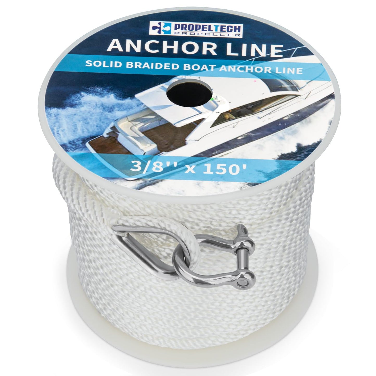 PropelTech Anchor Rope Braided Anchor Line(White, 3/8" x 150') Premium Solid Braid MFP Boat Rope with Stainless Steel Thimble & Shackle, Quality Marine Line, Boat Accessories