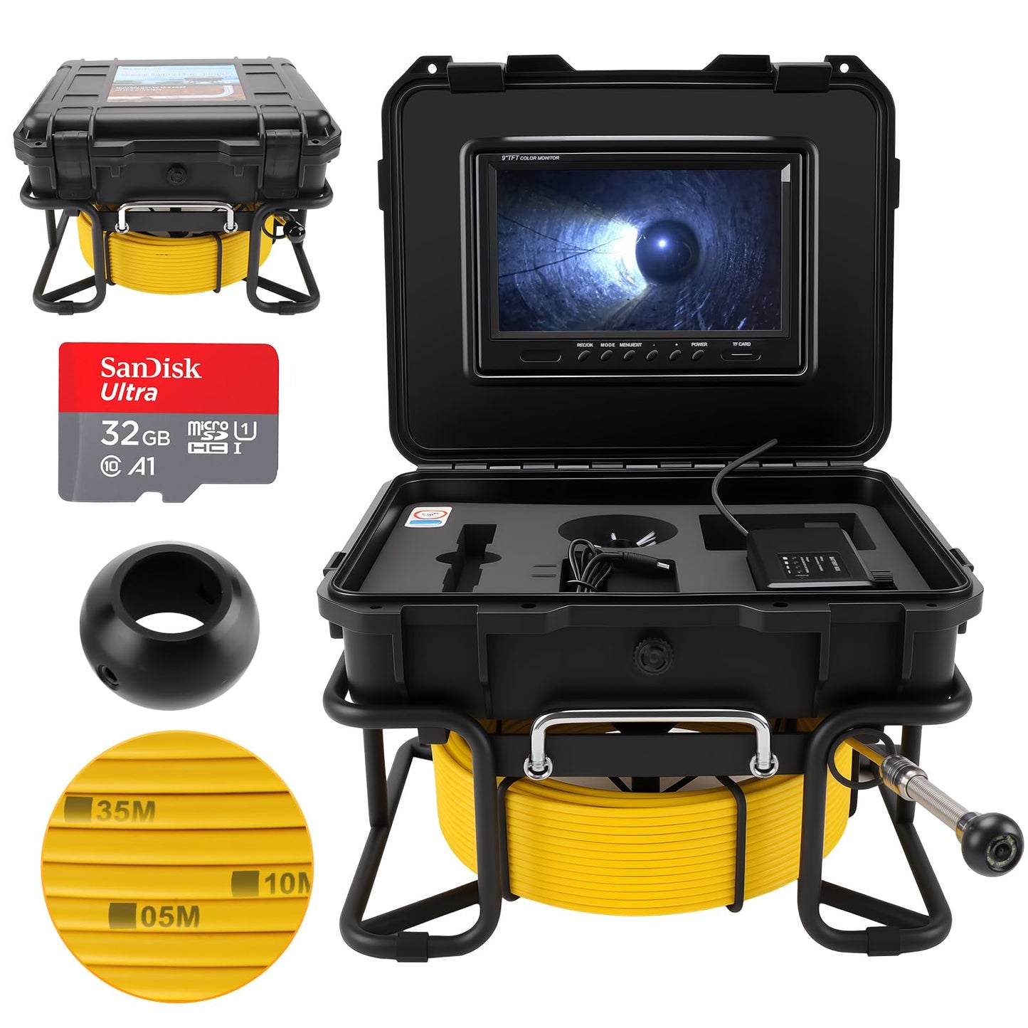 Sewer Inspection Camera, Pipe Drain Camera w/Distance Counter, Plumbing Snake Camera with light, 9'' HD IPS Screen,16X Digital Zoom,32GB Card,165FT/50M,IP68 Waterproof Borescope for Industrial Plumber