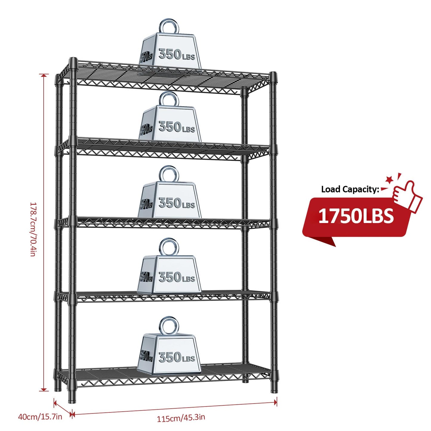 IZEUK 1750 LBS Garage Shelving Wide Storage Shelves Metal Shelves Heavy Duty Adjustable Utility Shelf Rack (Black, 5 Tier, 15.7" D x 45.3" W x 70.9" H)