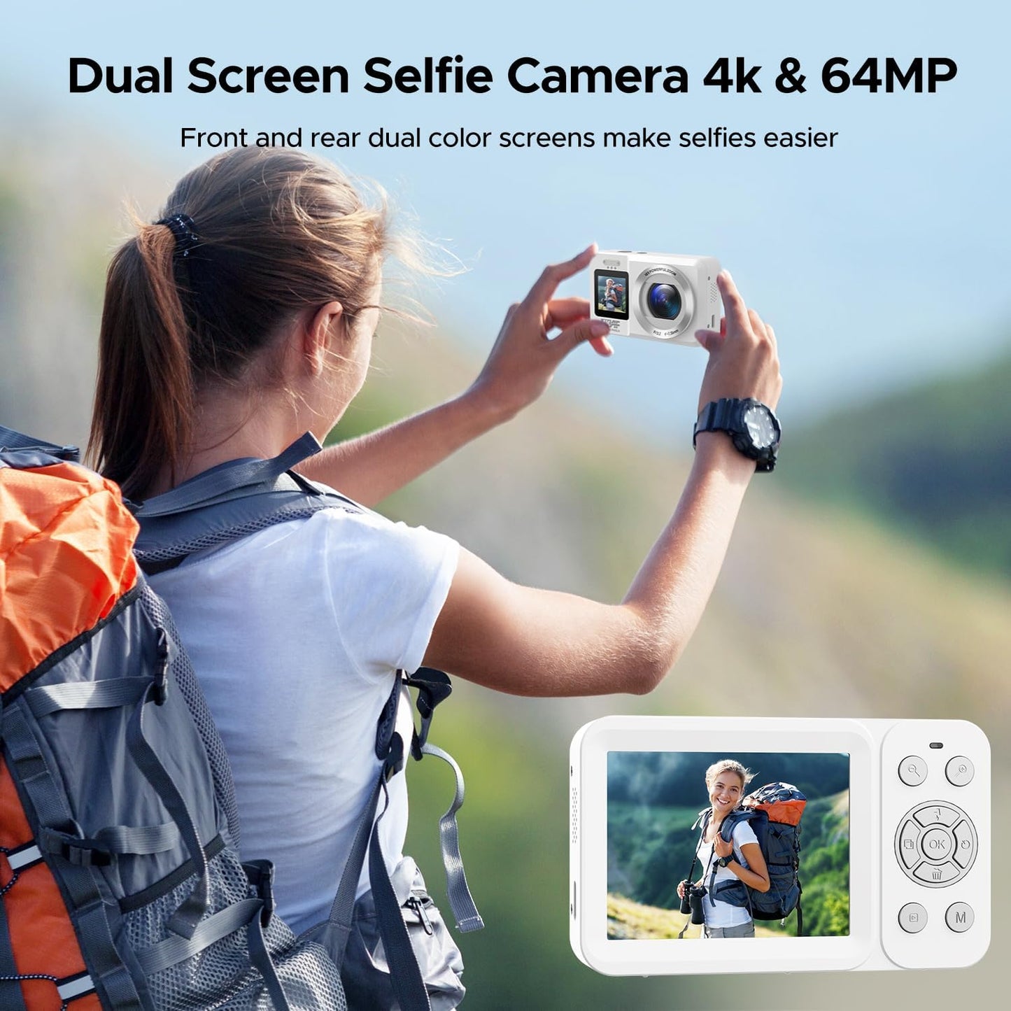 CAMWORLD 4K 64MP 18X 32GB Digital Camera, UHD Dual Screens Camera, Digital Zoom, Portable Point and Shoot Camera