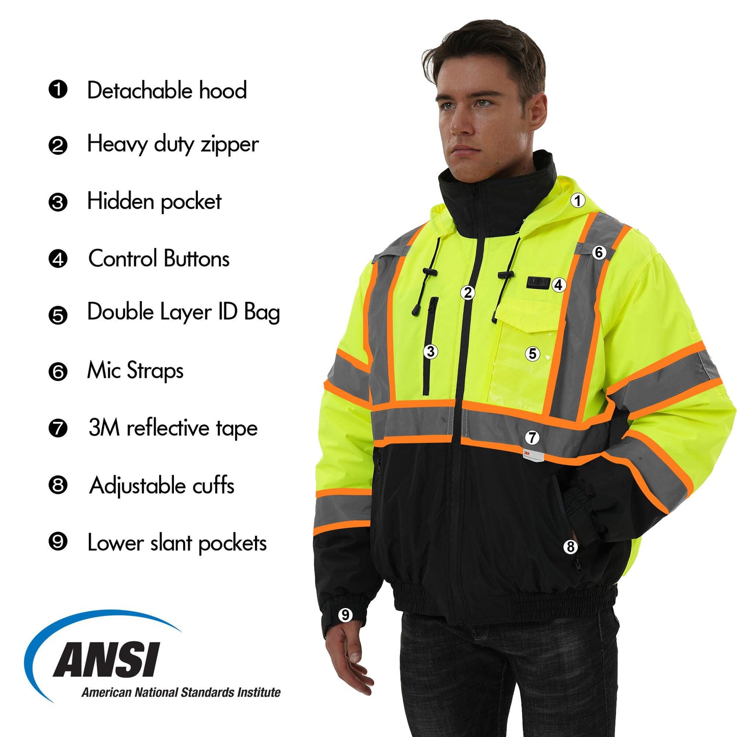SKSAFETY Professional Level Heated Safety Bomber Jacket, Class 3 Hi-Vis Waterproof Coat, 3M Reflective Tape, Work Construction Coats for Cold Weather