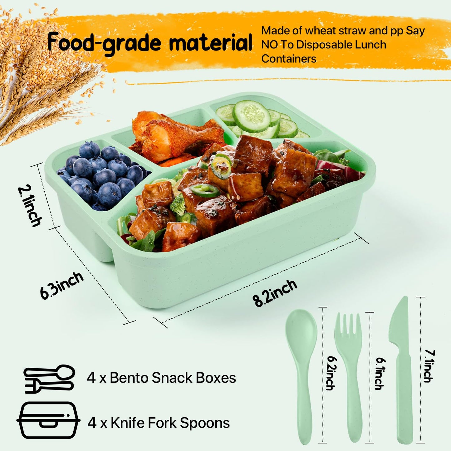 HMDZMR Bento Lunch Box, 4 Compartments Meal Prep Containers, 4 Pack Reusable Snack Containers, Divided Food Storage Container for Adults (Pink Beige Green Blue)