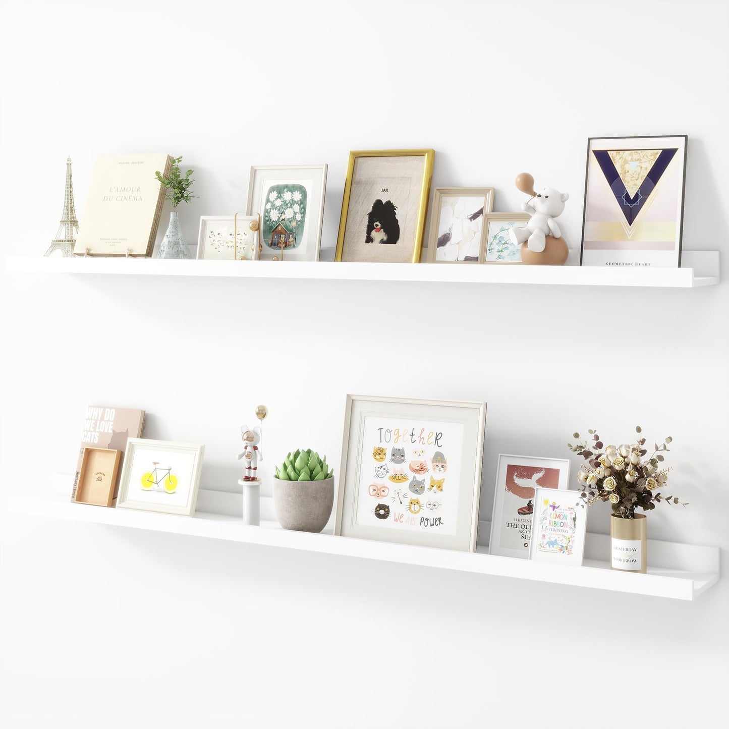 Acovy Picture Ledge Shelf, Wood Long Floating Shelves for Wall, Set of 2, 48 inch Picture Ledge Shelves, Photo Ledge Nursery Book Shelves Wall Mounted for Living Room Kids' Room Bedroom, Color White