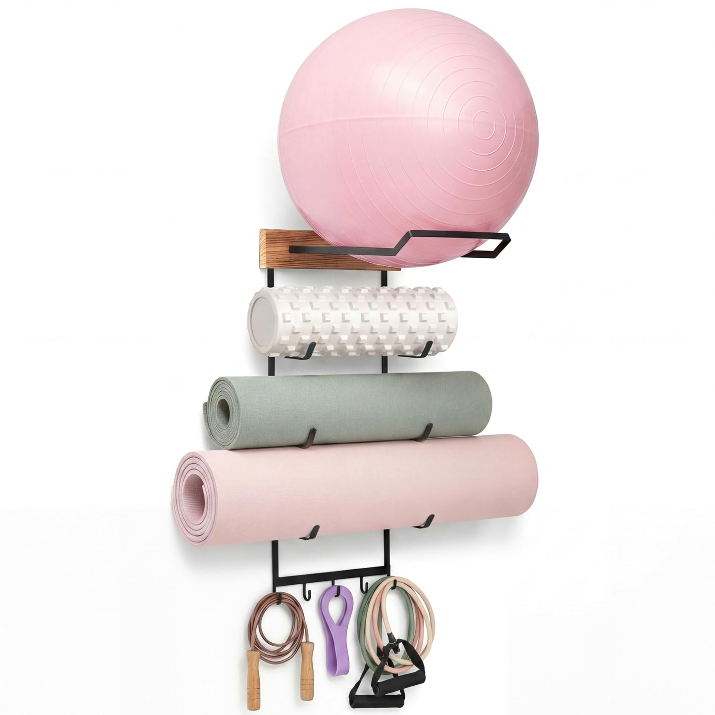 Geelin Yoga Mat and Ball Holder Wall Mount, 4-Tier Yoga Mat & Ball Storage Rack, Home Gym Organizer, Black Metal Floating Shelf for Hanging Foam Rollers & Resistance Bands(5 Hooks Style,Wood Color)
