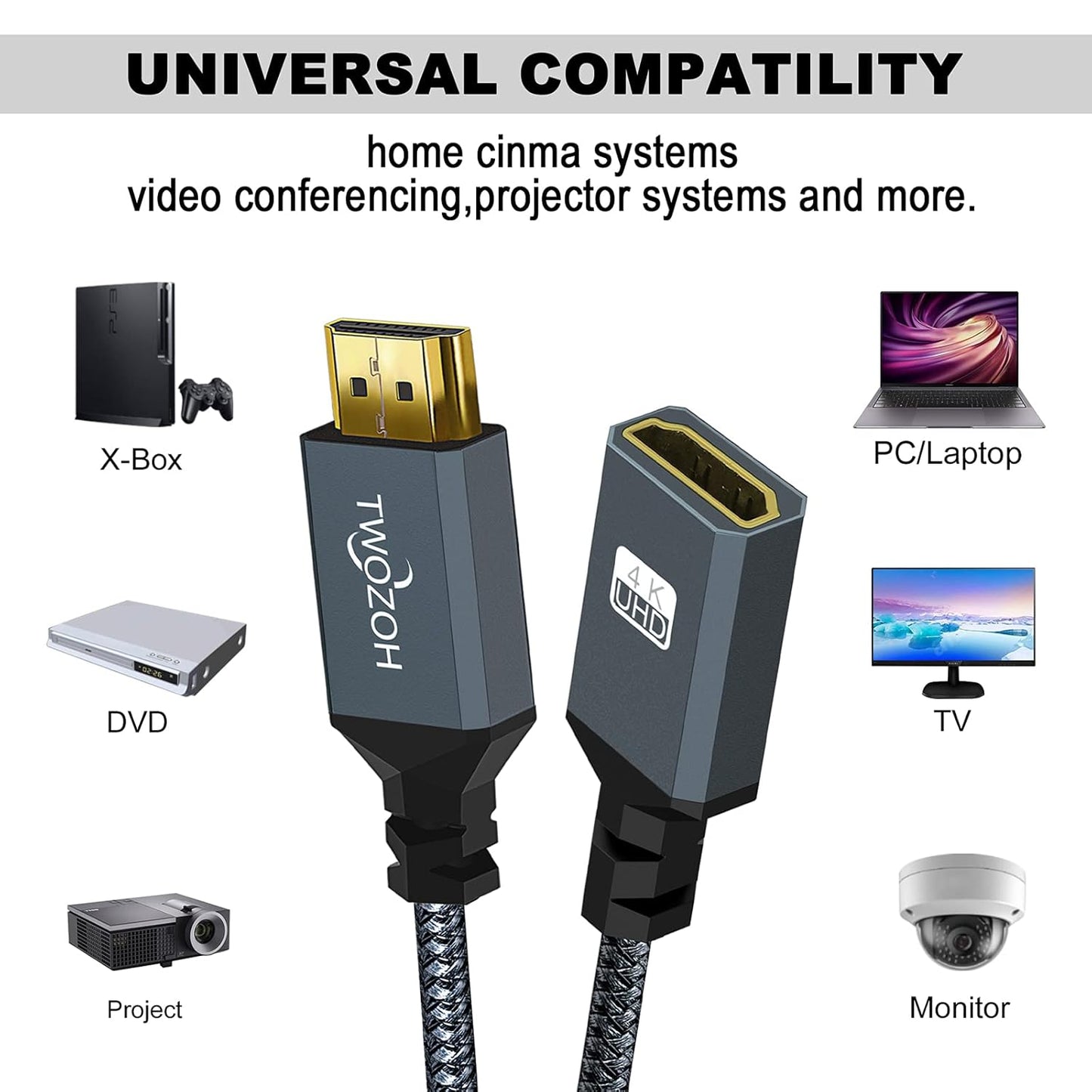 Twozoh 6.6FT, 2.0 4K@60Hz 3D HDMI Extension Cable HDMI Male to Female HDMI Cord, HDMI Cable Adapter Support HDR