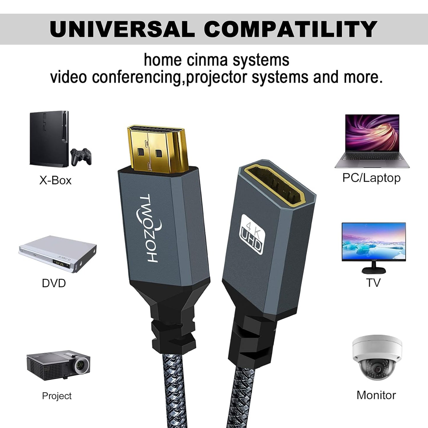 Twozoh 3.3FT 4K@60Hz 3D HDMI Extender, HDMI Male to Female Nylon Braided Cable, HDR Support