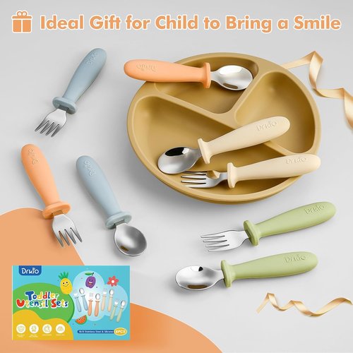 DRKIO Toddler Utensils Set - 8-Piece Kids Silverware with Silicone Handles | Safe 18/8 Stainless Steel