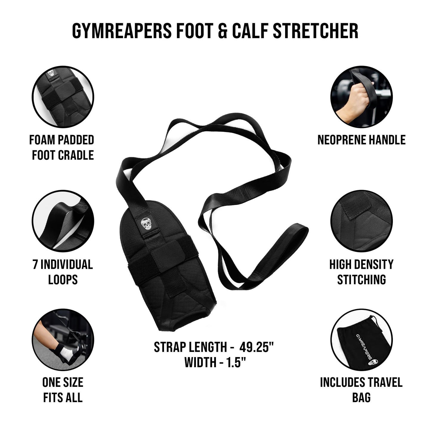 Gymreapers Foot & Calf Stretcher - Stretch Strap for Plantar Fasciitis, Achilles Tendonitis, Heel Spurs, and Foot Drop - Yoga Strap for Leg, Thigh & Hamstring Stretch - Exercise Band Stretching Strap