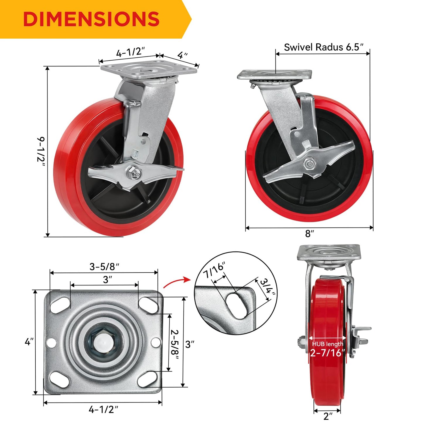 8 Inch Heavy Duty Polyurethane Casters Set of 4 (2 Brake + 2 Rigid), 8x2 Industrial Casters for Heavy-Duty Carts, Equipment Bases, Rated Load 4400 lbs Total, Locking & Straight-Line Control