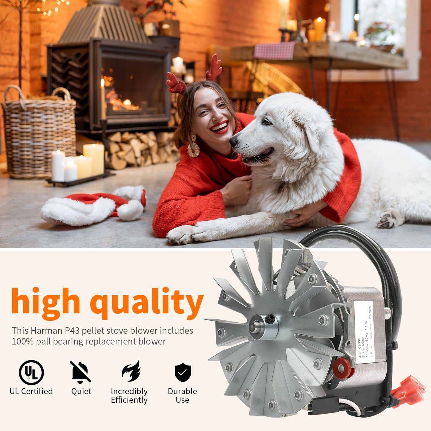 Replacement 3-21-08639 Combustion Blower Motor, for Harman P68 P43 P68 P61 P38 XXV Accentra 52i Advance P35i PC45 Pellet Stoves With 3-20-502221 Double Paddle Fan Blade Replaces Part 3-21-08415