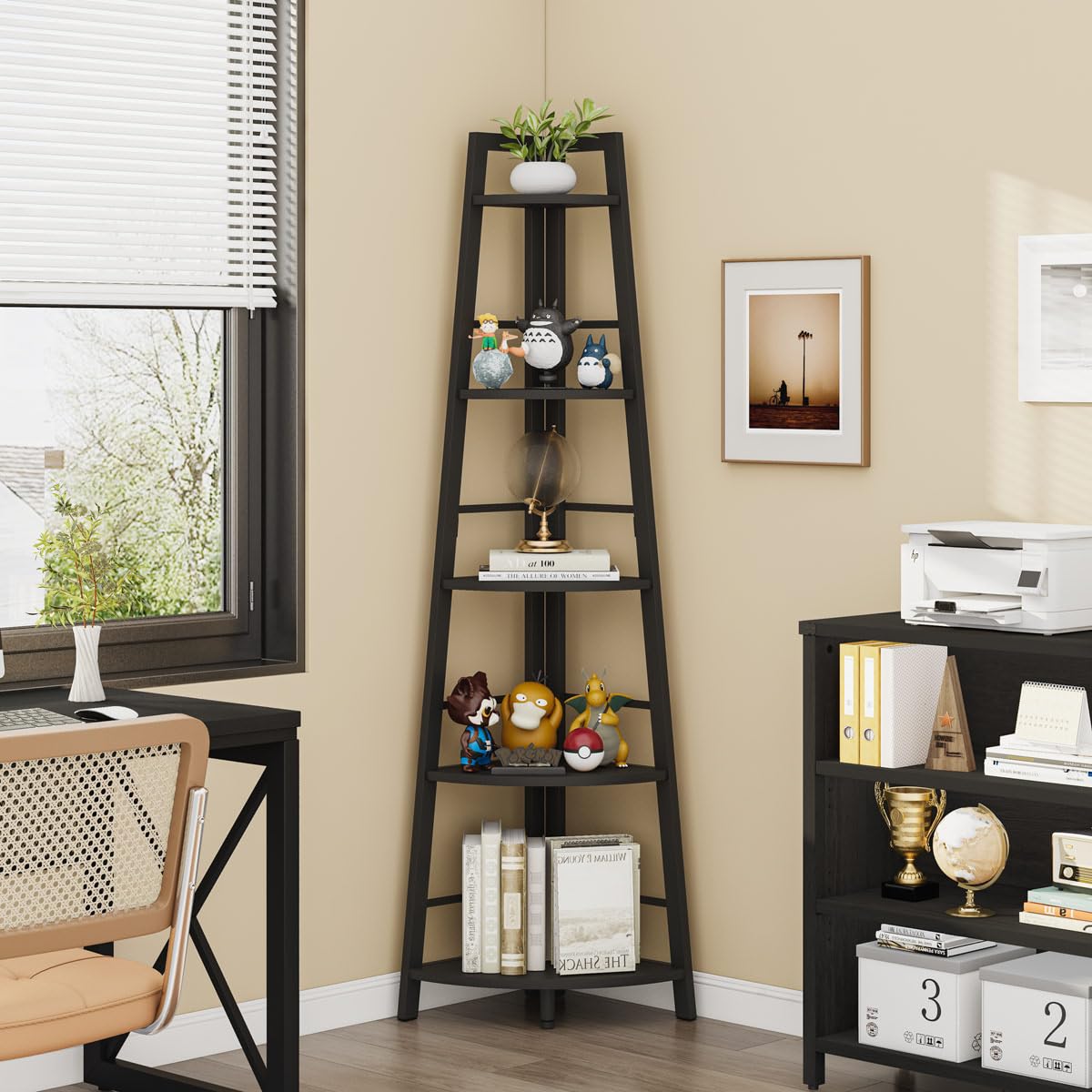 BON AUGURE 5-Tier Corner Shelf, Industrial Tall Corner Bookshelf for Living Room, Narrow Ladder Bookcase with Metal Frame, Rustic Wood Corner Plant Stand for Small Space, Home Office, Black Oak