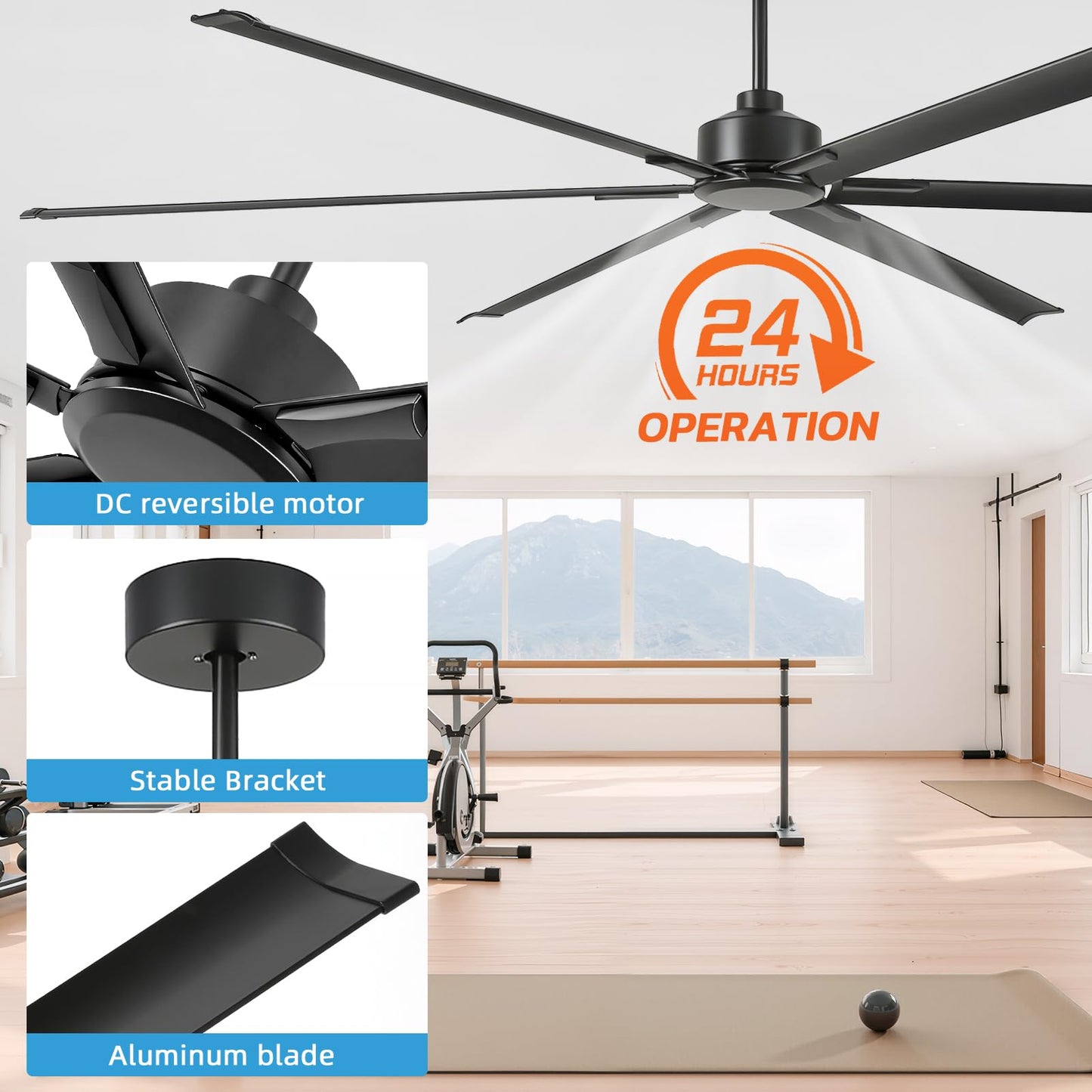 YYEHON 108 Inch Large Industrial Ceiling Fans, HVLS Commercial Black Fan with DC Reversible Motor, 6 Reversible Blades, 3 Downrods, 6-Speed Remote Control, for Shop Gym Garage Warehouse