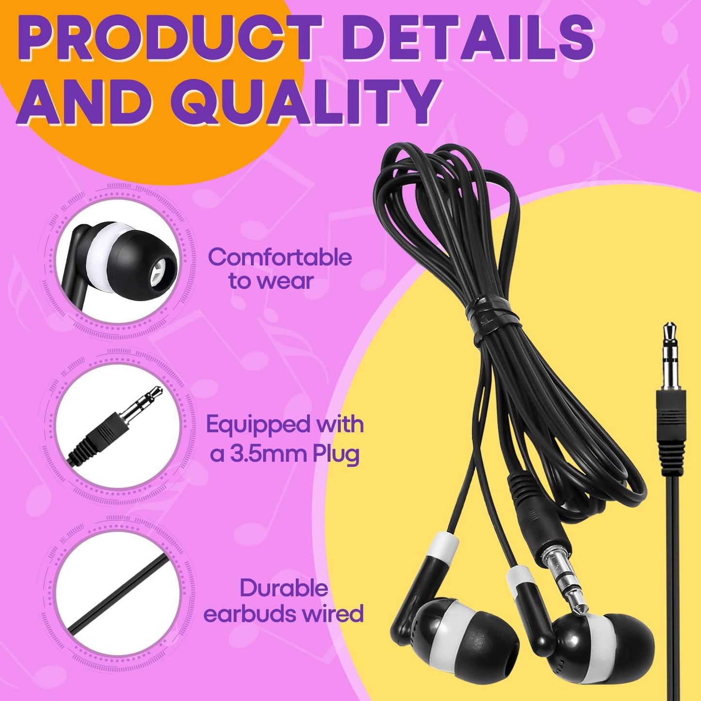 50 Pack Set Bagged(HTC101,Mixed Kids Earbuds Headphones Bulk for School Classroom,Wholesale Wired Earphones Class