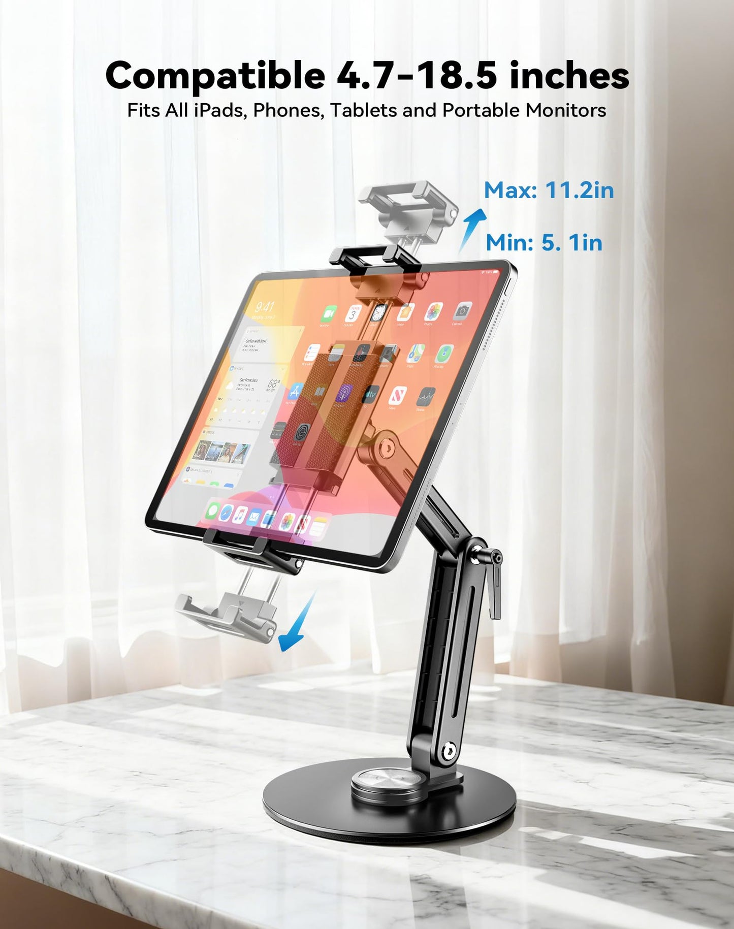 Portable Monitor Stand Large Clamp - Heavy Duty Aluminum Body supports up to 4.4 lbs 16" 17.3" 18.5 inch 360° Rotating Base Swivel Foldable Desk Stand for iPad Holder Tablet Mount for Kitchen/Travel
