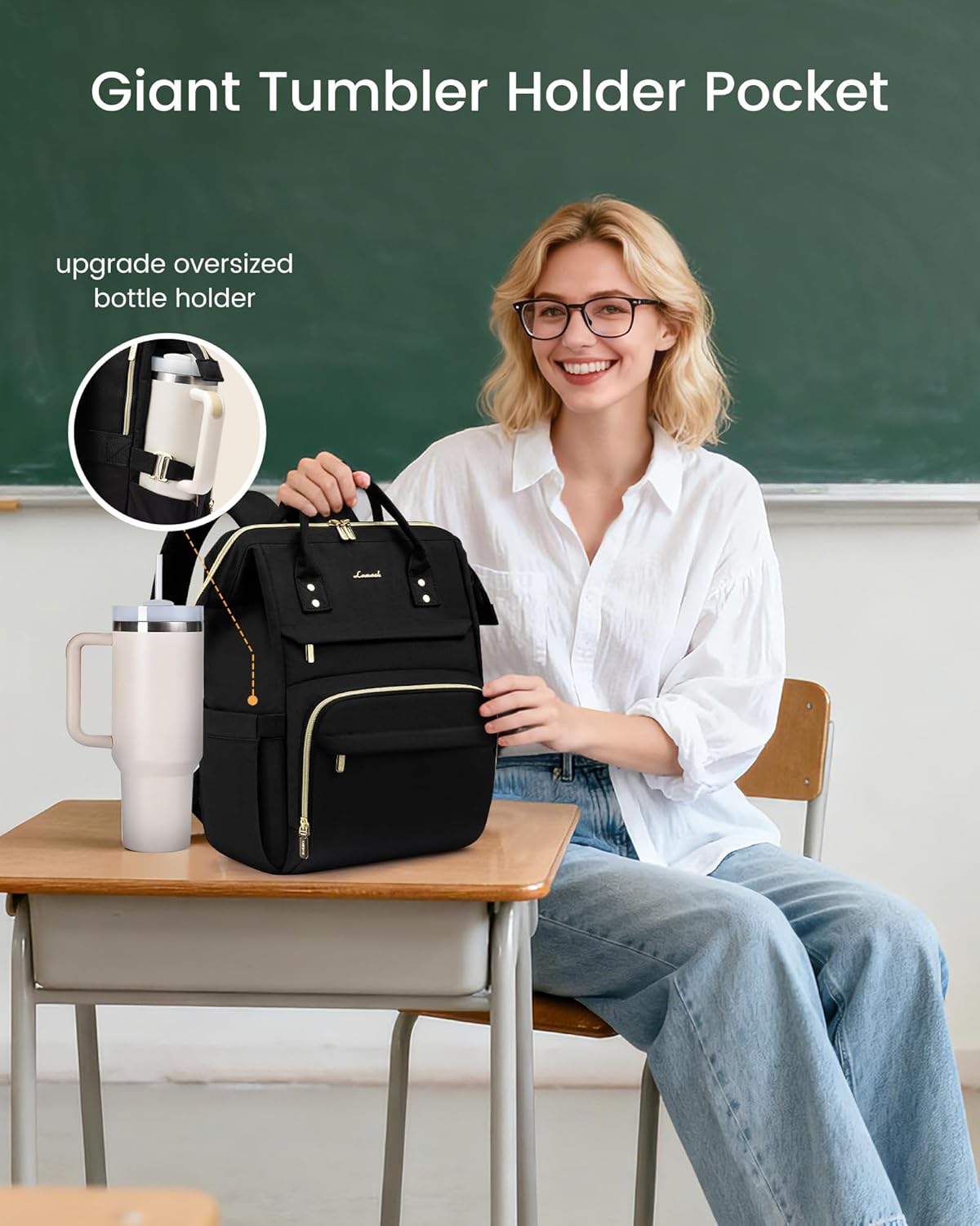 Backpack Pocket,17 inch Backpack Backpack Daypack,Black LOVEVOOK Laptop for Women with Giant Tumbler Holder Waterproof