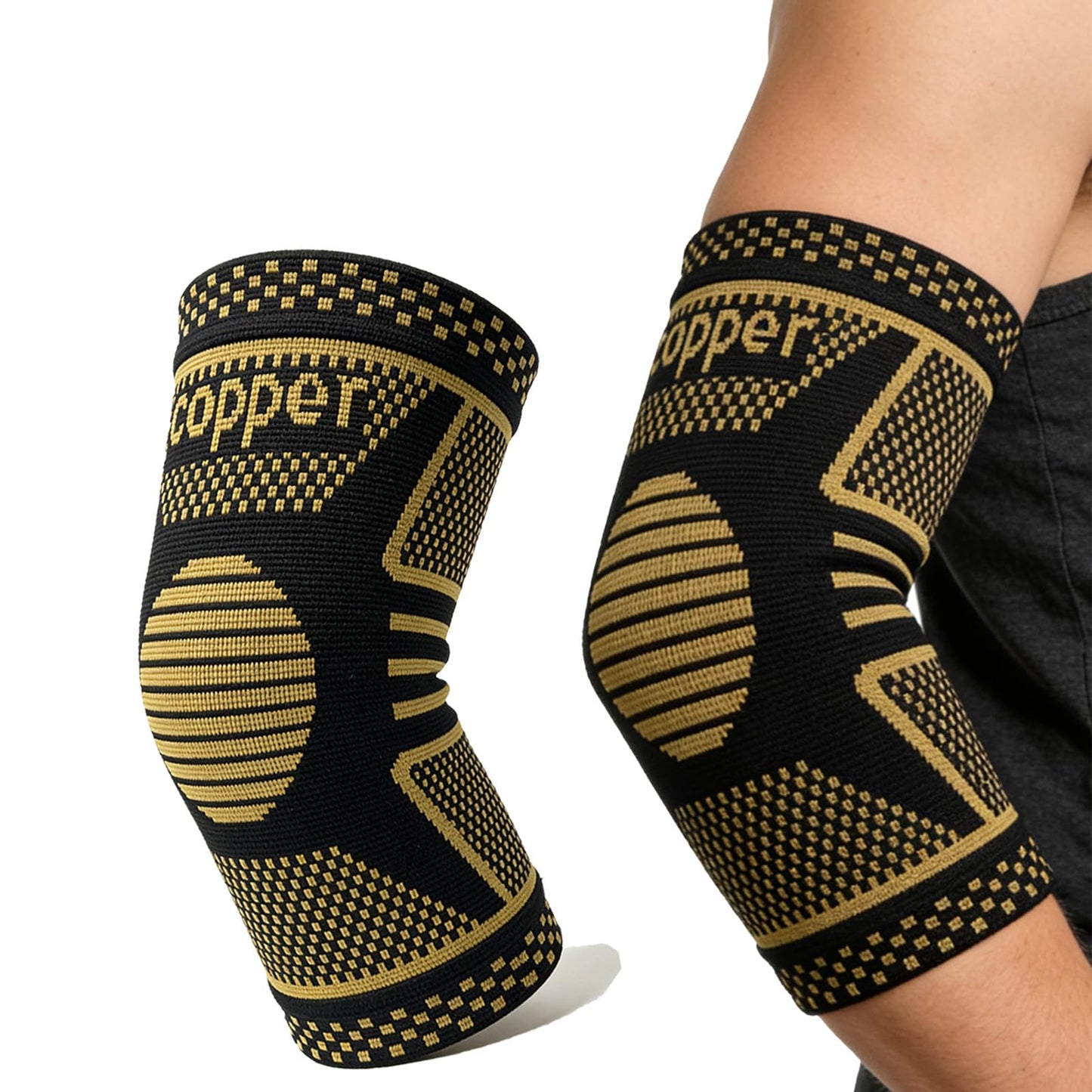 JIQUD Copper Elbow Compression Sleeve, Tennis Elbow Brace for Men and Women, 4-Way Stretch, Pain Relief, Recovery, Arthritis, Tendonitis, Bursitis (Black-Copper, Medium)