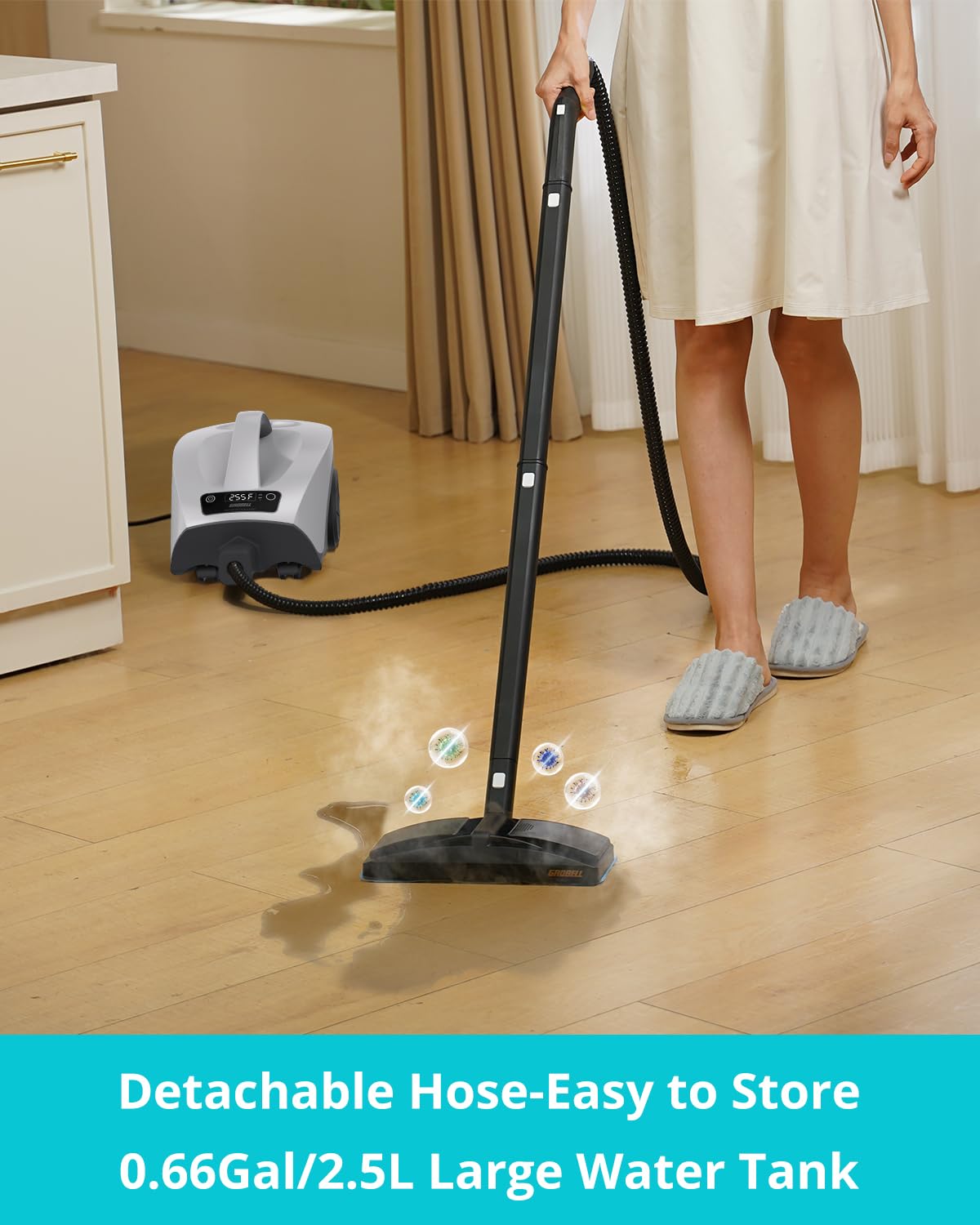 GROBELL Steam Cleaner: 40s Fast Heating-0.66Gal (2.5L) Large Tank-21 PCS Kit-No Cooling-Refill Anytime-Detachable Hose Multi Portable Steamer Mop for Home Car Bed Furniture Tile Grout Floor Cleaning