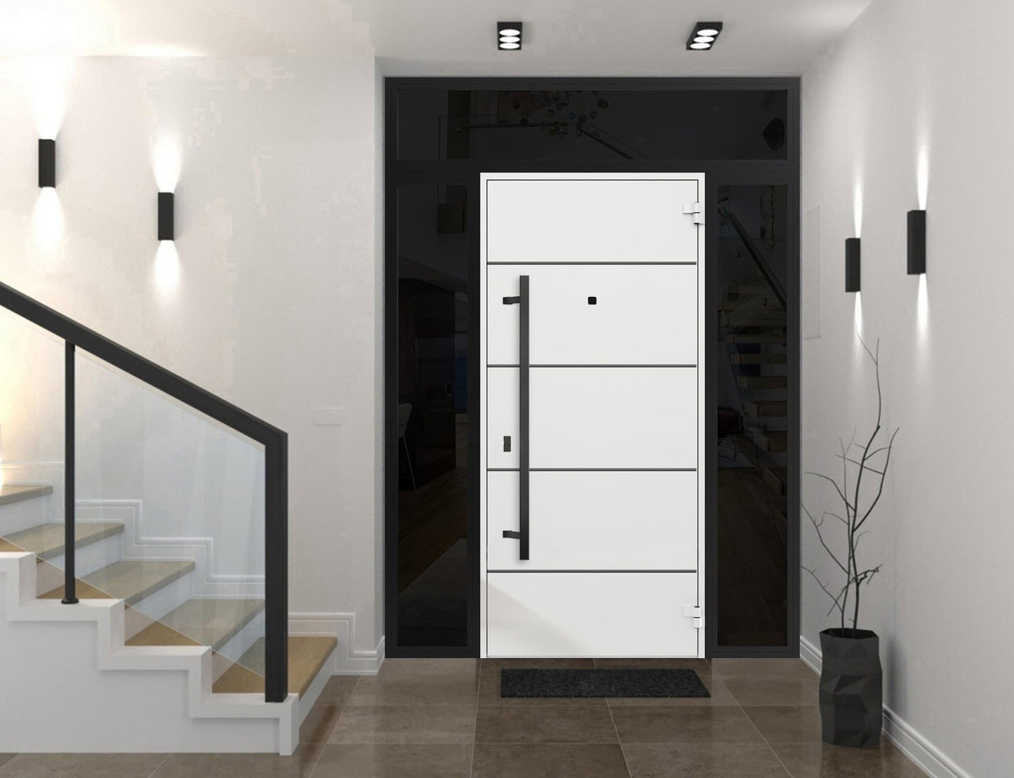 VDOMDOORS Front Exterior Prehung Steel Door/Deux 6683 Natural Oak / 2 Side and Top Exterior Window Sidelite/Entry Metal Modern Painted W12+36+12" x H80+16" Left Hand Inswing