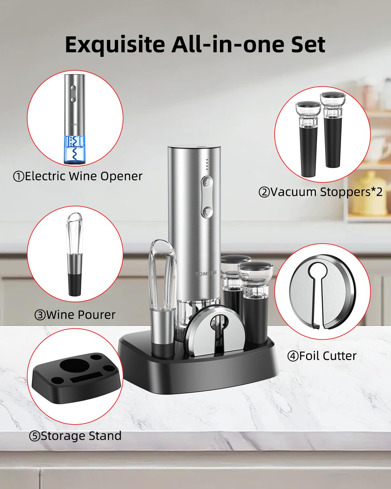 Rechargeable Electric Wine Gift Set - Aerator, Vacuum Stoppers, Foil Cutter and Bottle Opener for Home Bar and Outdoor Parties (Silver, Wine Opener Set)