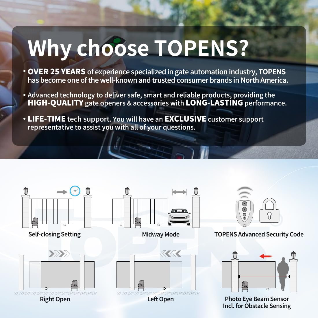 TOPENS CF800 Fast Sliding Gate Opener Chain Drive Automatic Gate Motor for Heavy Driveway Slide Gate Up to 1800 Pounds, Electric Gate Operator AC Powered with 20ft Roller Chain and Remote Control