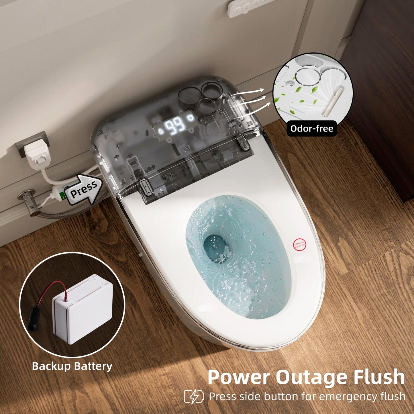 LOS FLEXI E5D Smart Toilet with Bidet, Built-In Water Tank, Battery Backup Flush, Foot Kick Flush, Instant Warm Water, Heated Seat, Warm Air Dryer, Night Light, Side Panel Control & Remote, ETL Plug
