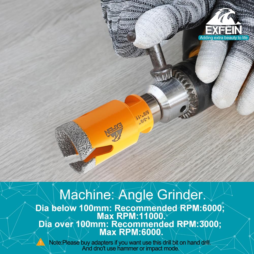EXFEIN Diamond Tile Hole Saw Kit 12pcs - 6/8/10/25/35/50/65mm Core Drill Bits,10mm Milling Bit and 2" Chamfer Bit with Hex Adapter and 4.5" 2pcs Diamond Blade and for Tile Porcelain Marble