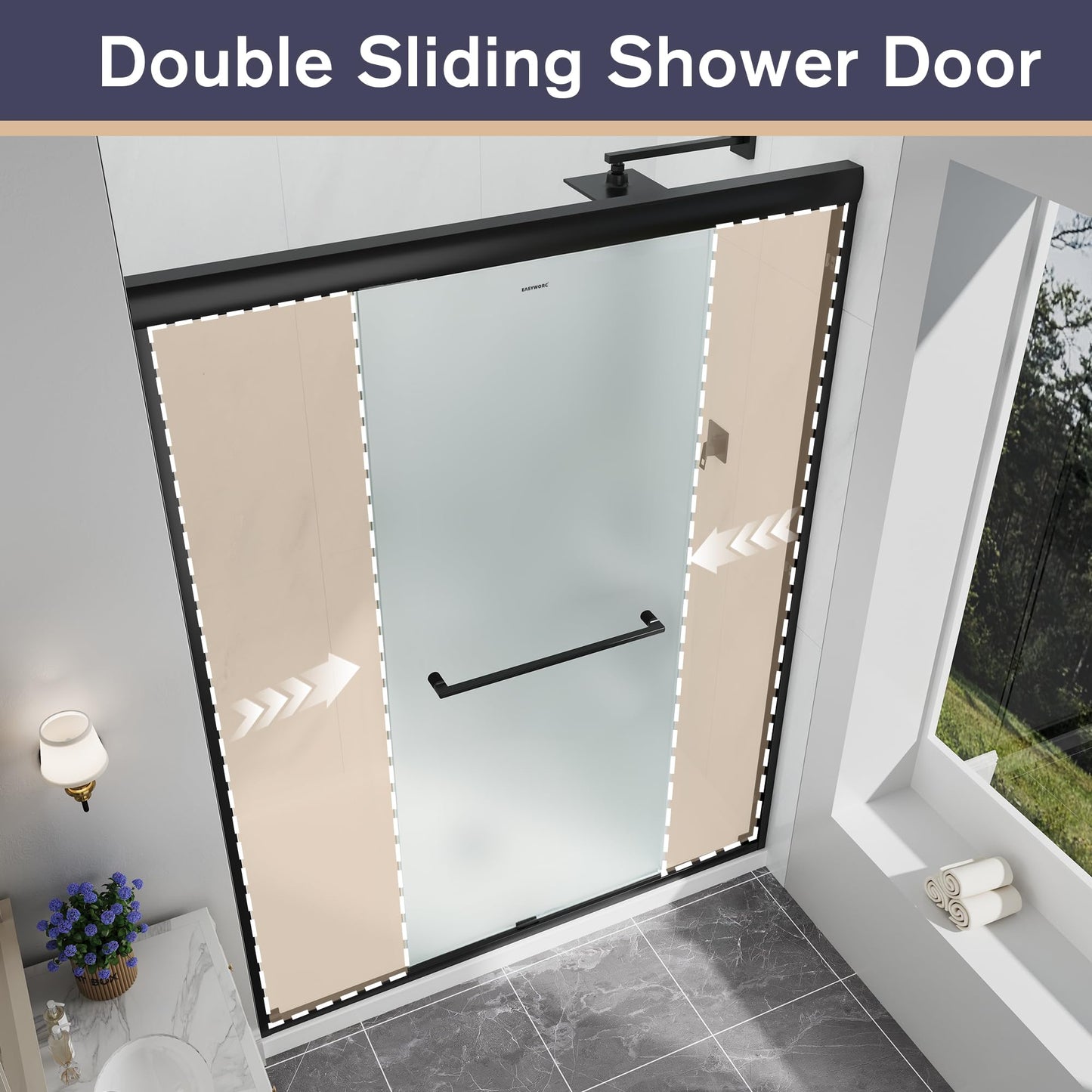 EASYWORC Double Sliding Shower Door, 43"-48" W x 70" H Semi-Frameless Frosted Shower Door, 1/4'' (6mm) Frosted SGCC Tempered Glass with Nano Coating and Explosion-Proof Film, Matte Black