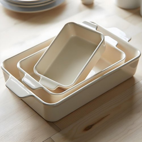 Kook Ceramic Bakeware Set - Rectangular Baking Dishes for Casseroles & Lasagna | 3-Piece Set in Ivory