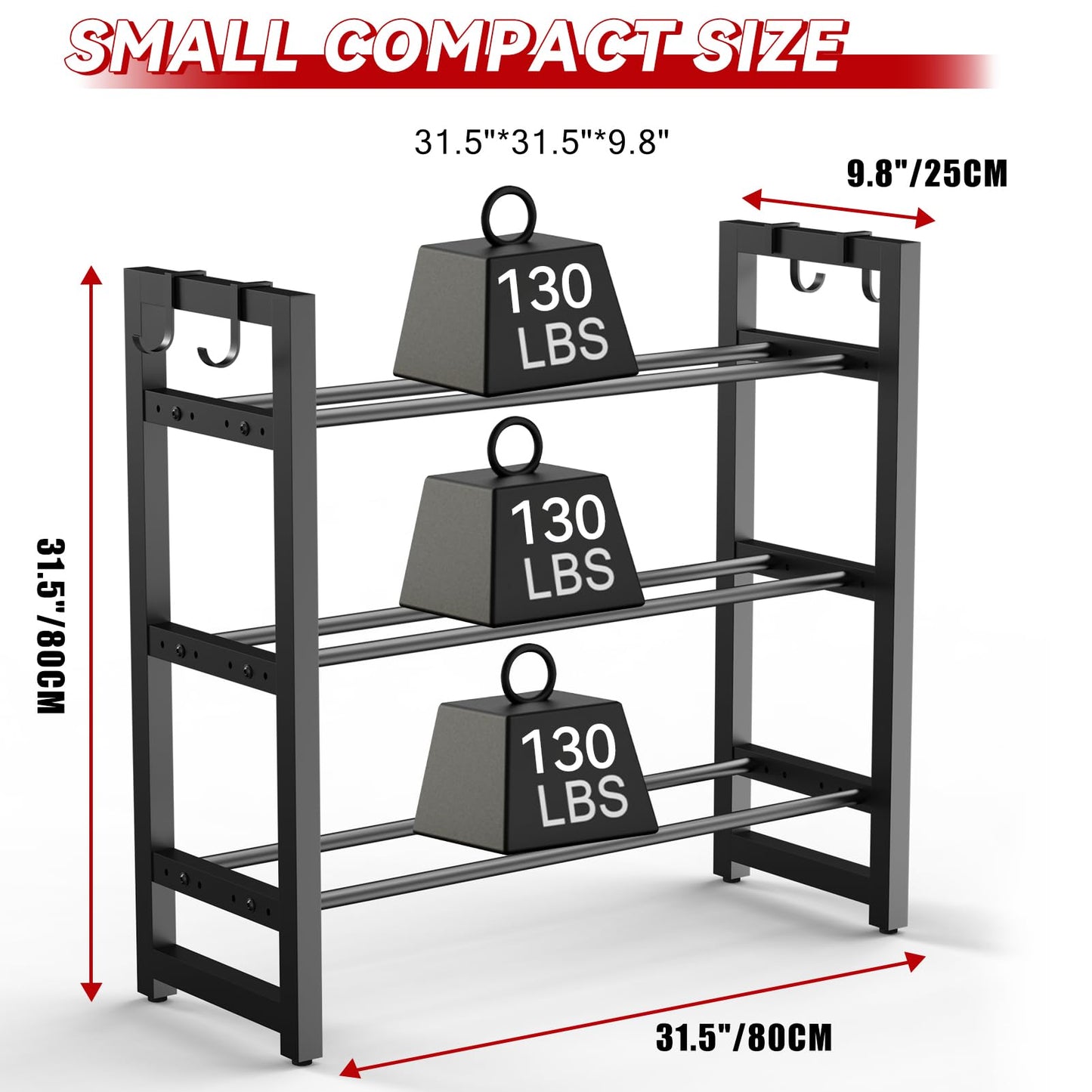 3-Tier Small Weight Rack for Home Gym, Adjustable Dumbbell Rack 450LBS Capacity with Side Hooks, Space Saving Workout Equipment Storage Organizer, Tool-free Assembly