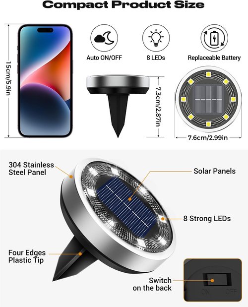 Btfarm 16 Pack Solar Ground Lights - IP65 Waterproof LED Disc Lights for Garden Pathway | Cool White