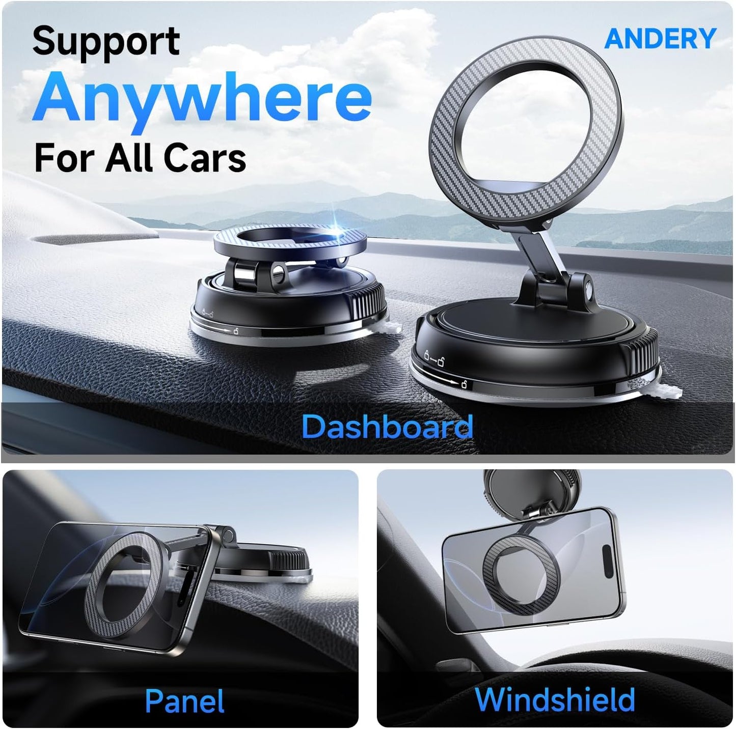 ANDERY [78+LBS 2400gf 360 17-12 Car Phone Holder for Magsafe Strongest Suction & Strongest Magnetic] Adjustable Car