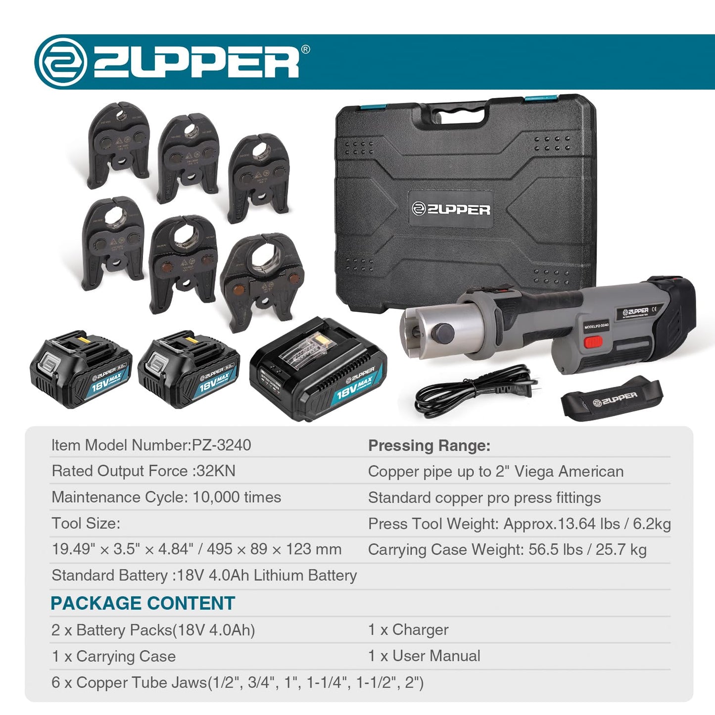 ZUPPER Press Tool, 18V Electric Pipe Crimping Tool for 1/2" to 2" Copper Pipes, Standard Press Tool Kit Suitable for Copper ProPress fittings - with 6 VUS Press Jaws, 2pcs 4AH Battery