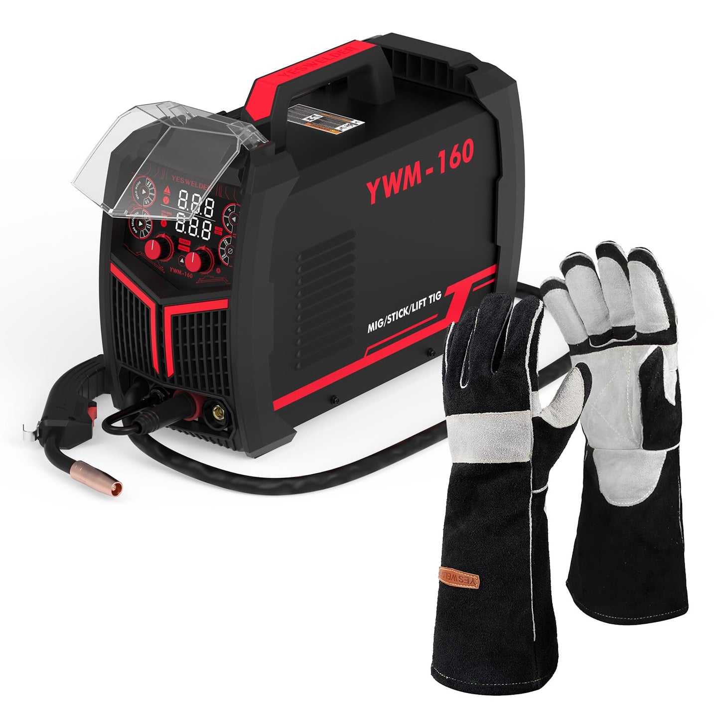 YESWELDER 160A MIG Welder 4 in 1 Multiprocess Flux Cored/MIG/Lift TIG/Stick & Leather Forge MIG Welding Gloves, with Kevlar Stitching Heat/Fire Resistant