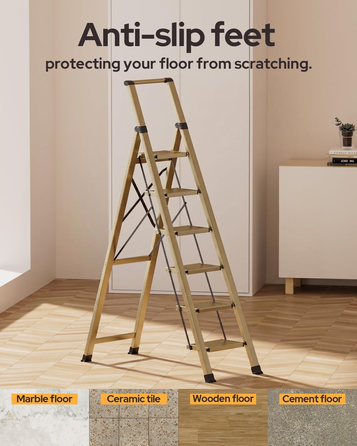 GameGem 6 Step Ladder for 12 Feet High Ceiling, Lightweight Aluminum Folding Step Stool with Convenient Handgrip, Stepladders with Anti-Slip and Wide Pedal for Home Use Space Saving - Gold