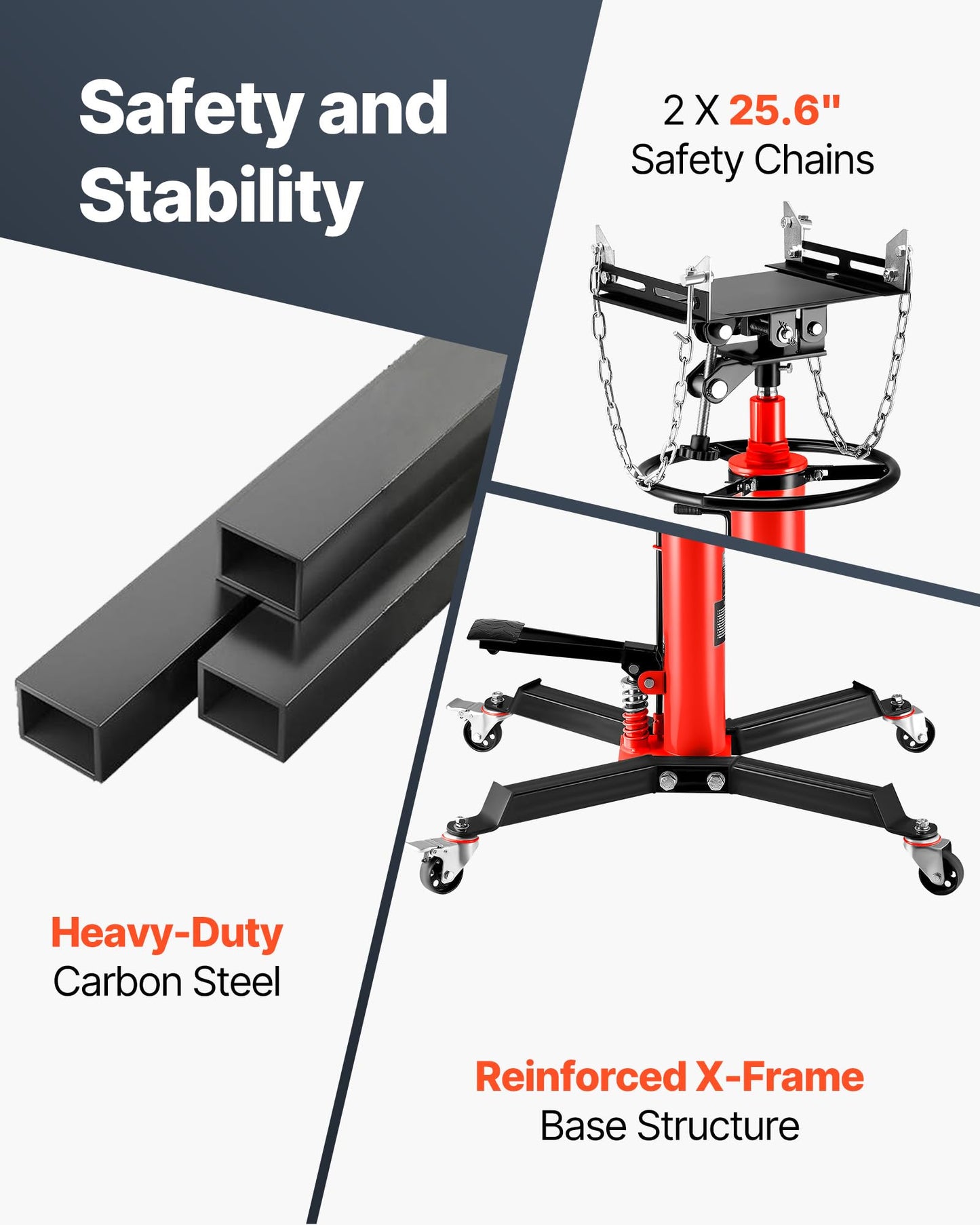 VEVOR 1/2Ton/1100lbs Capacity Hydraulic Transmission Jack, Car & Truck Compatible, 33.5-67 Inch Lift Range, 2-Stage Jack Stand with Foot Pedal, 360 Swivel Wheel, Red