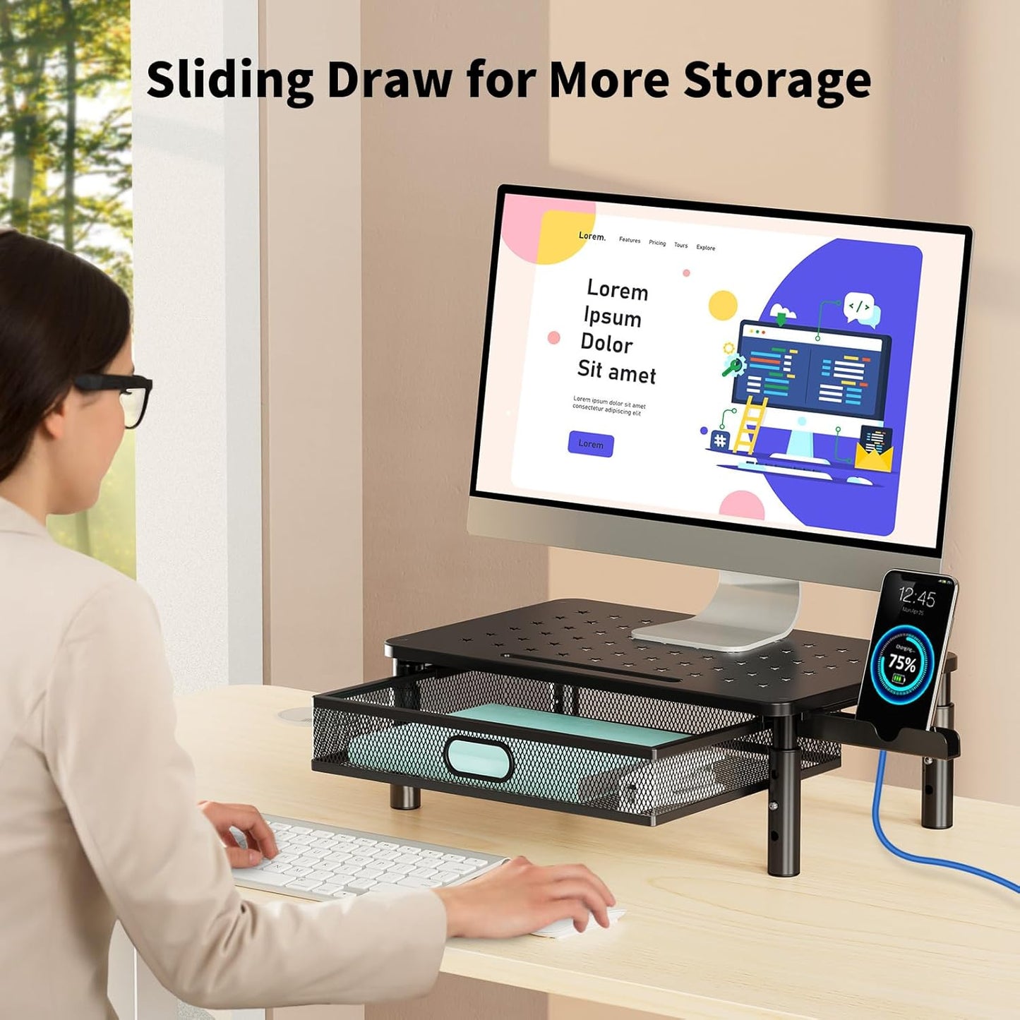 Zimilar Monitor Stand Riser with Metal Mesh Drawer, Height Adjustable with Phone Holder for Computer, Laptop, Printer