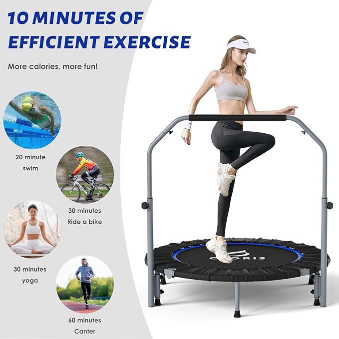 CLORIS 40in Folding Trampoline Mini Trampoline Rebounder Trampoline for Adults Fitness Trampoline with Adjustable Foam Handle, with safty Padded Cover Best Gift.
